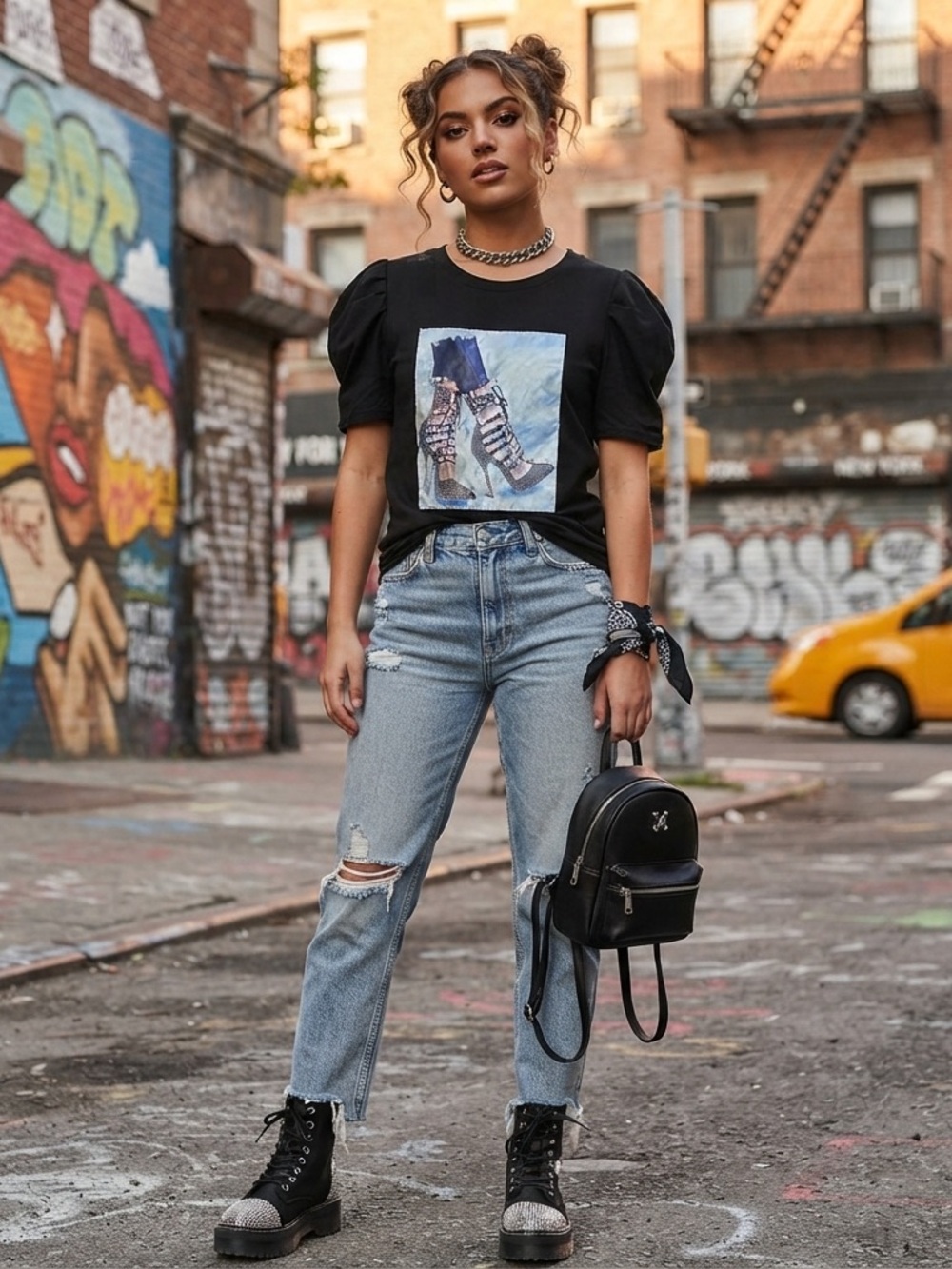 🌸Love J Women's Black T-Shirt with Jeweled Lace-Up Stiletto and Denim Print Patc